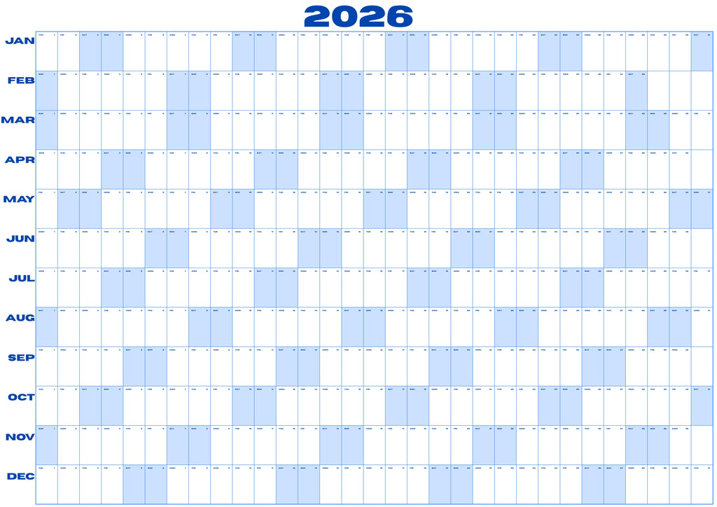 2026 Wall Calendar - A0 Cerulean Blue
